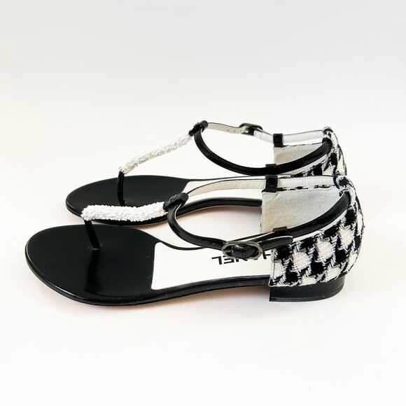 Chanel CC Sandals Tweed Patent Leather T Strap Flats Size Eu 39 - Picture 4 of 15